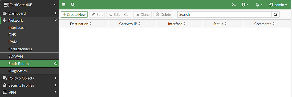 Screenshot of the Static Routes page in the FortiGate Web UI